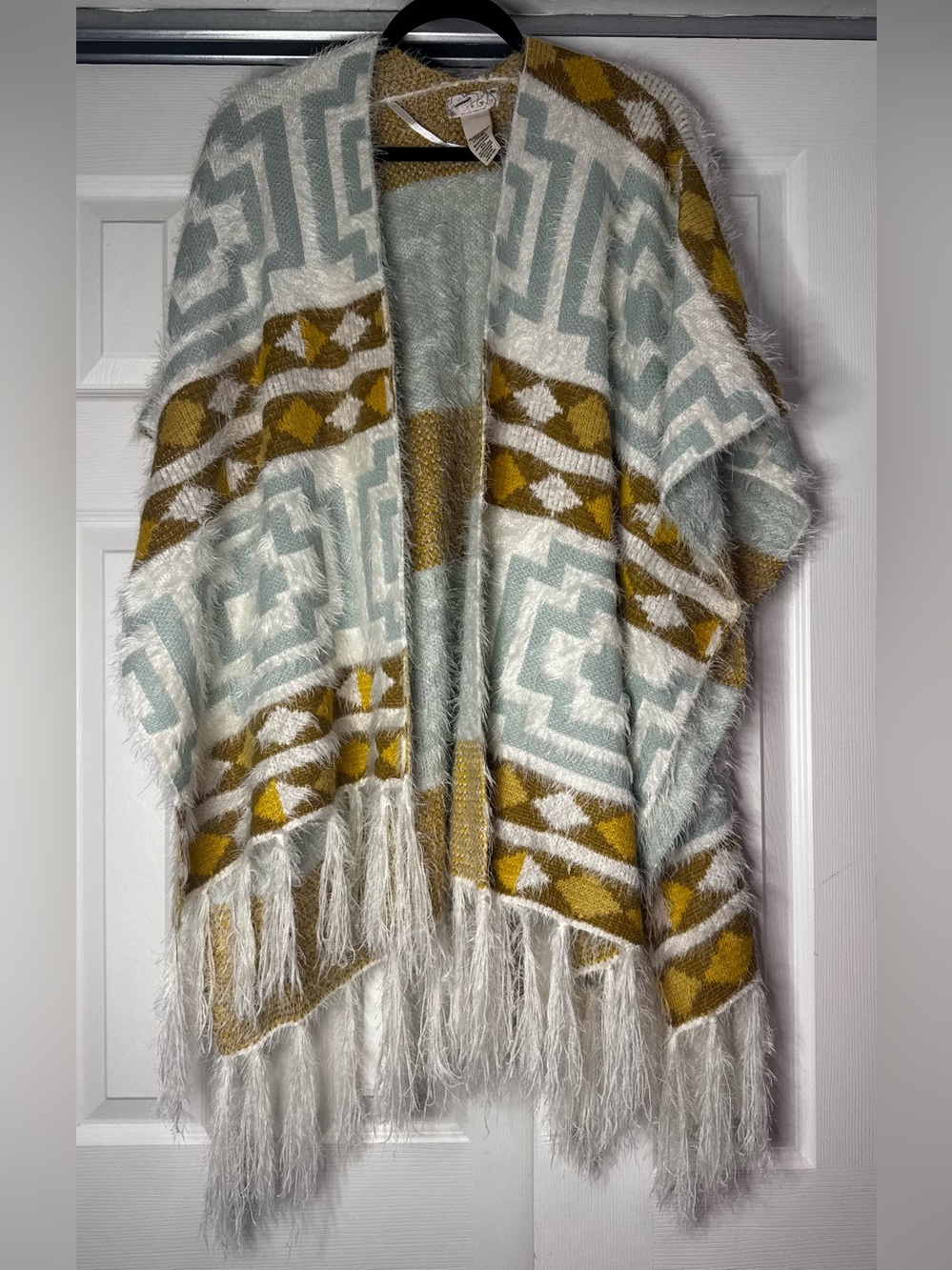 Free People Blue Cream and Tan Fuzzy Poncho with Fringe - Size OS - Picture 2 of 4